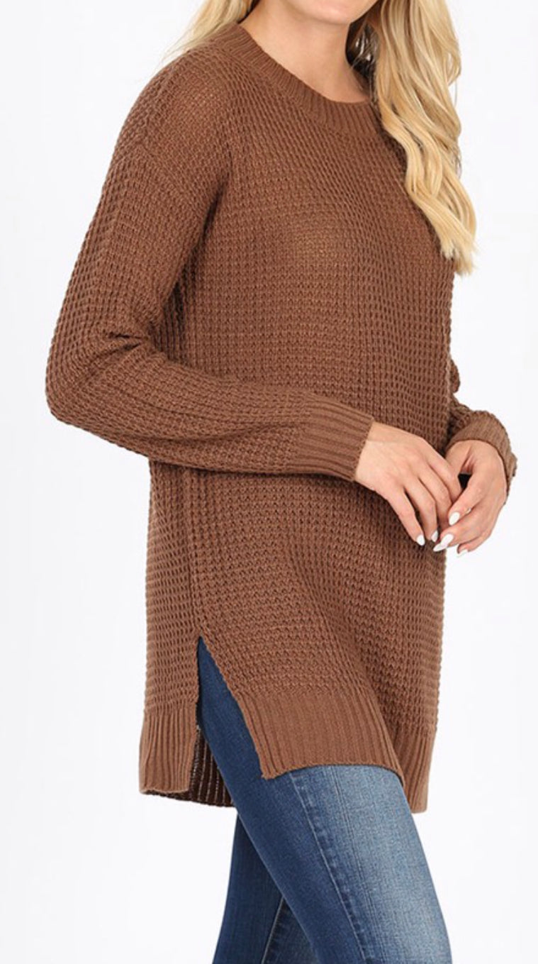 Side Slit Waffle Knit Sweater