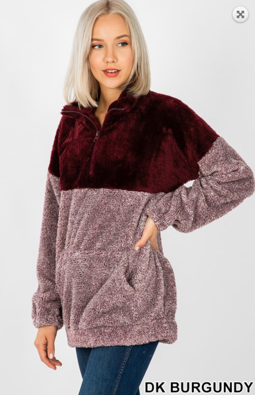 Two Tone Faux Fur Half Zip Pullover