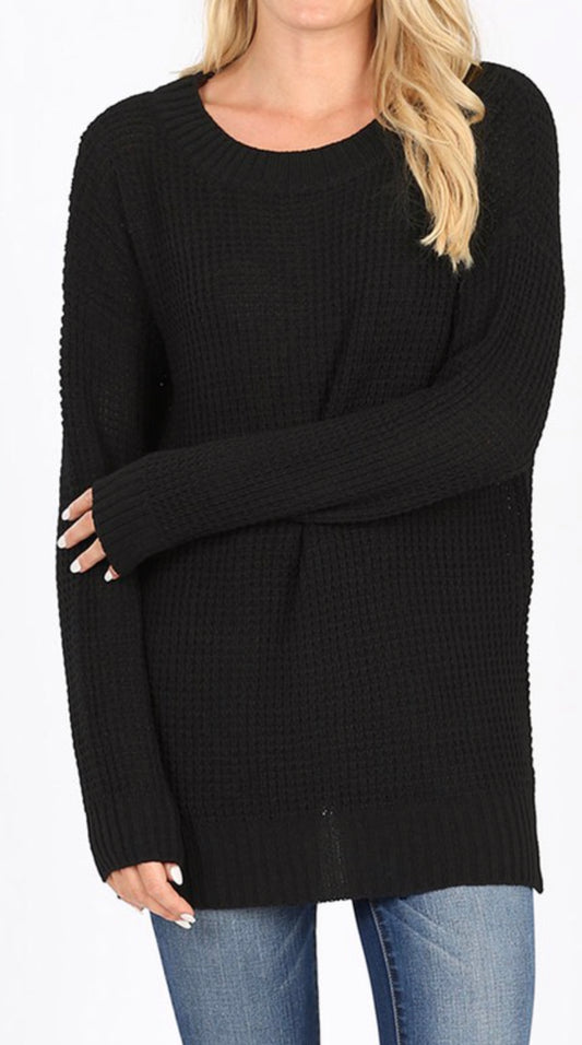 Side Slit Waffle Knit Sweater