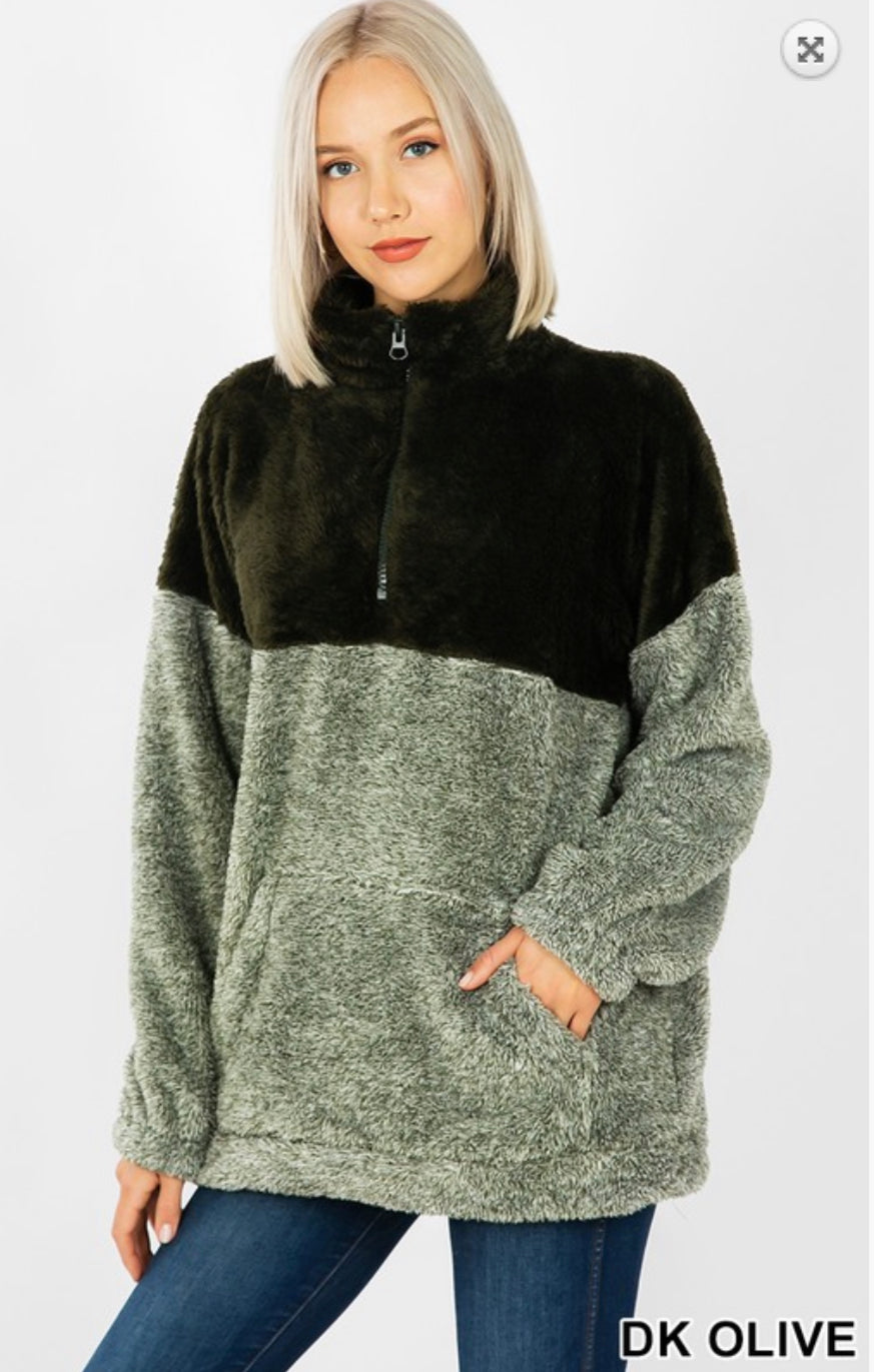 Two Tone Faux Fur Half Zip Pullover