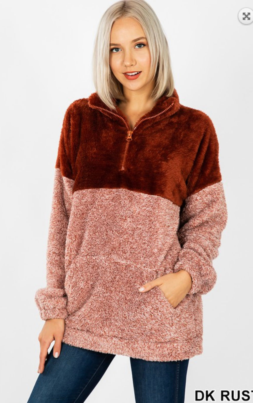 Two Tone Faux Fur Half Zip Pullover