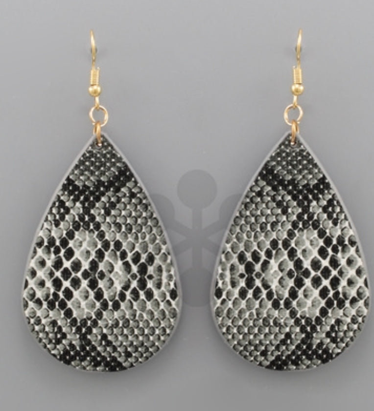 Teardrop Black Snake Leather Earrings