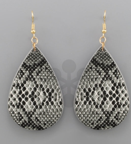 Teardrop Black Snake Leather Earrings