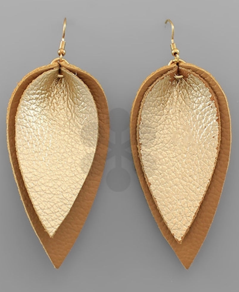 Gold Leather Teardrop Earrings