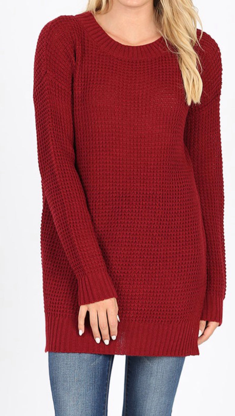 Side Slit Waffle Knit Sweater