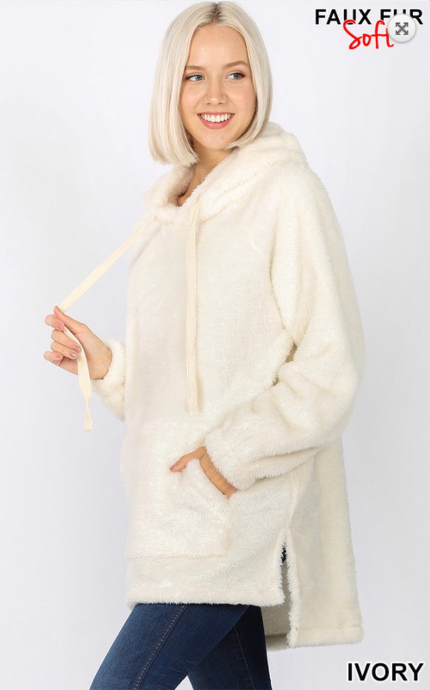 HOODED FAUX FUR KANGAROO POCKETS PULLOVER