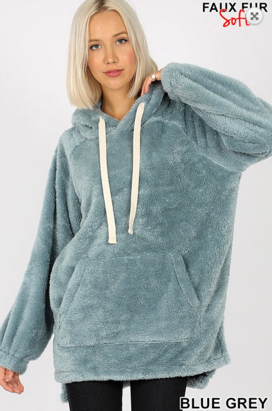 HOODED FAUX FUR KANGAROO POCKETS PULLOVER