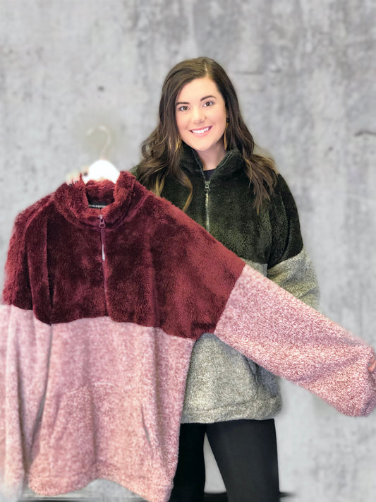 Two Tone Faux Fur Half Zip Pullover