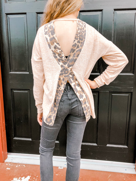 Long Sleeve Key Hole Back Top with Leopard Detail