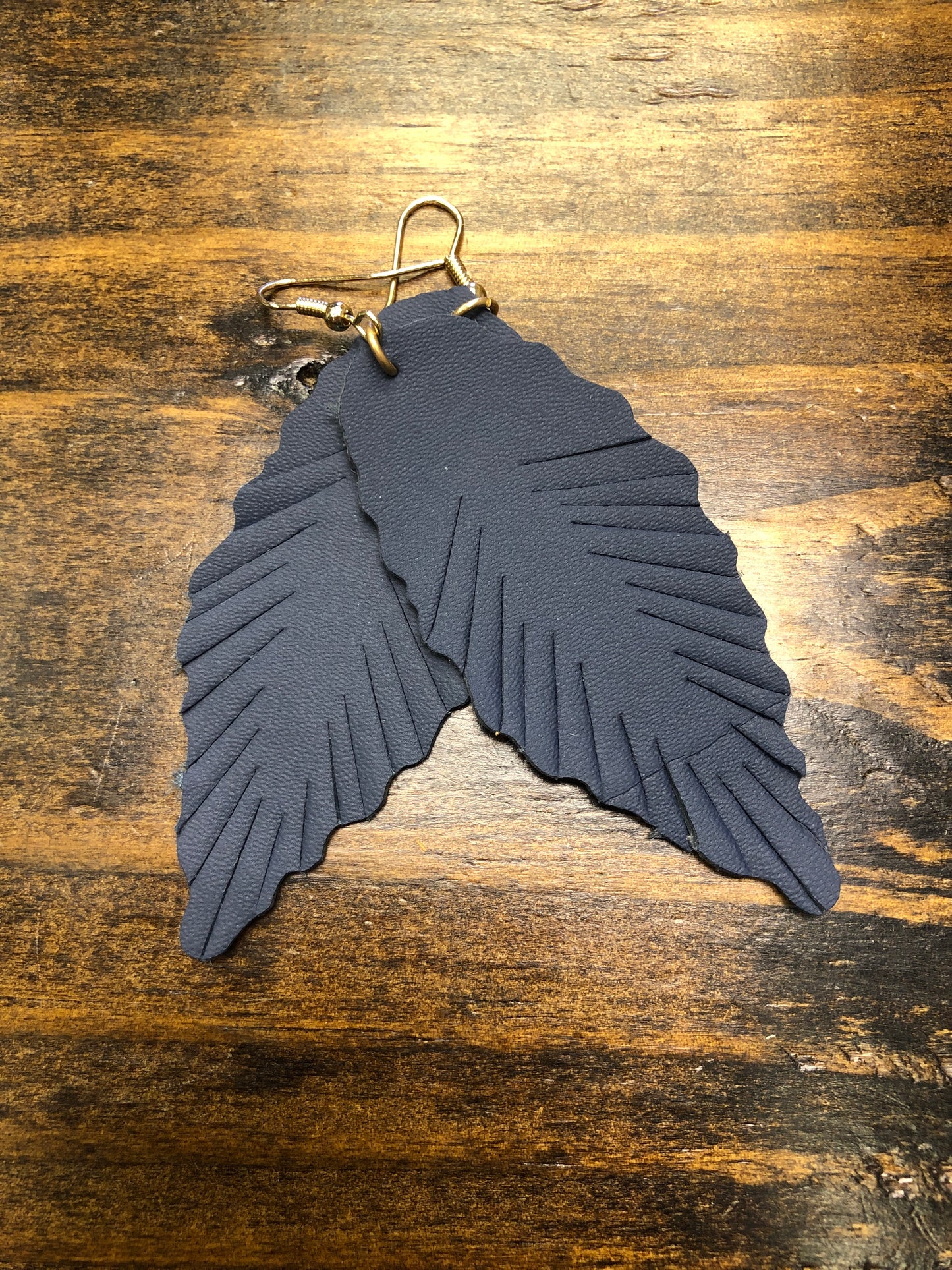 Navy Leather Leaf Earrings