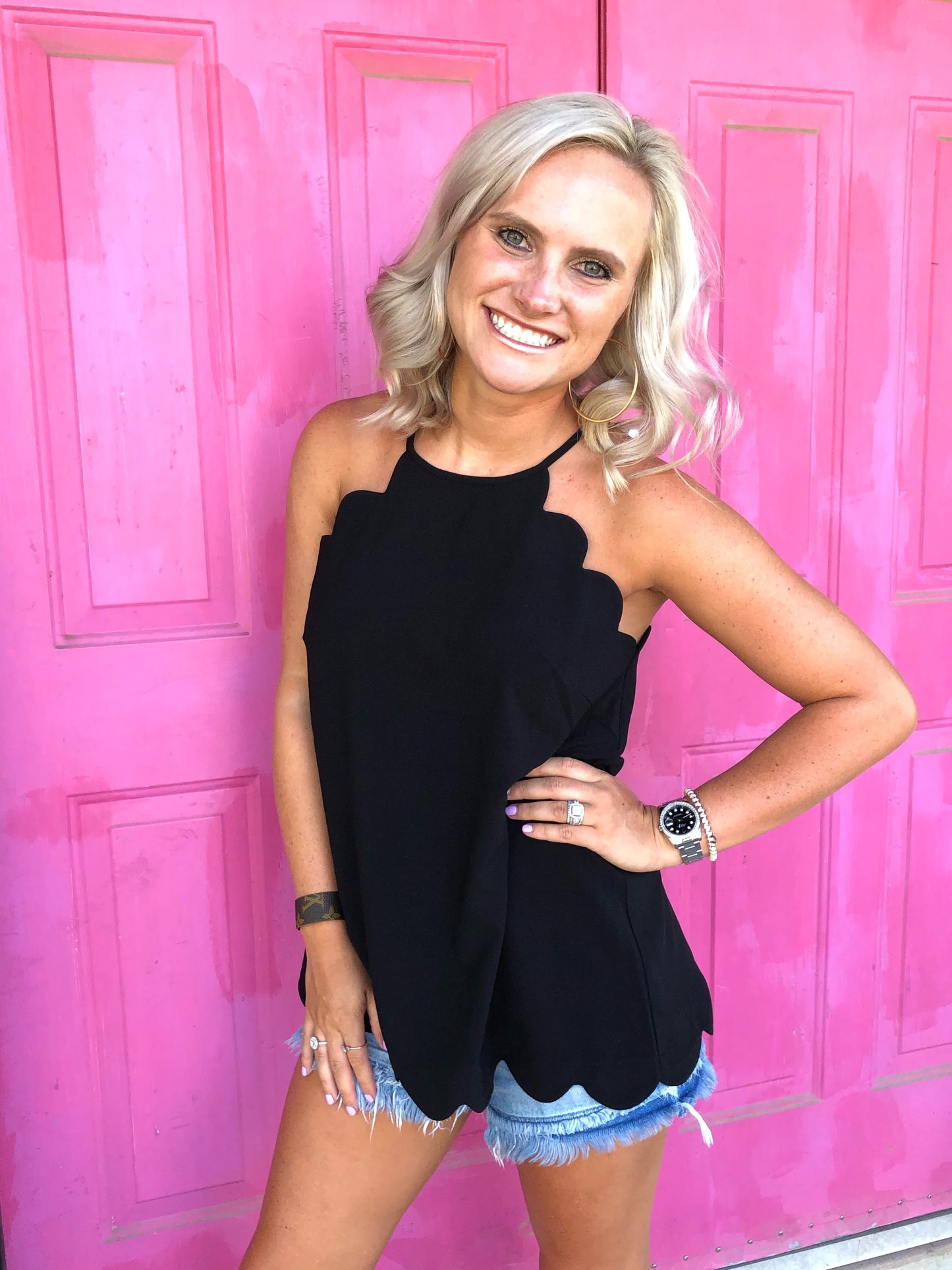 RESTOCK—High Neck Scalloped Hem Top