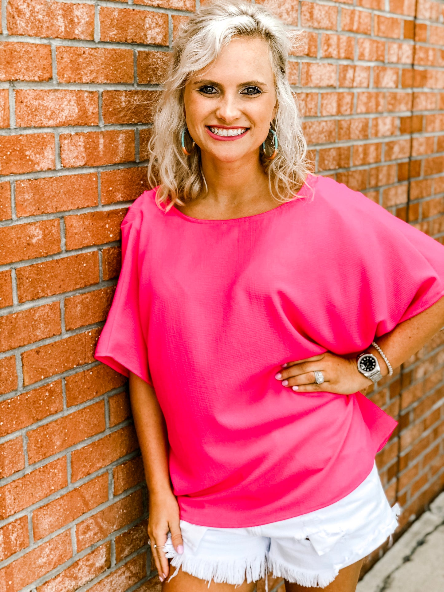 Short Dolman Sleeve V-Neck Top with Front Knot Detail