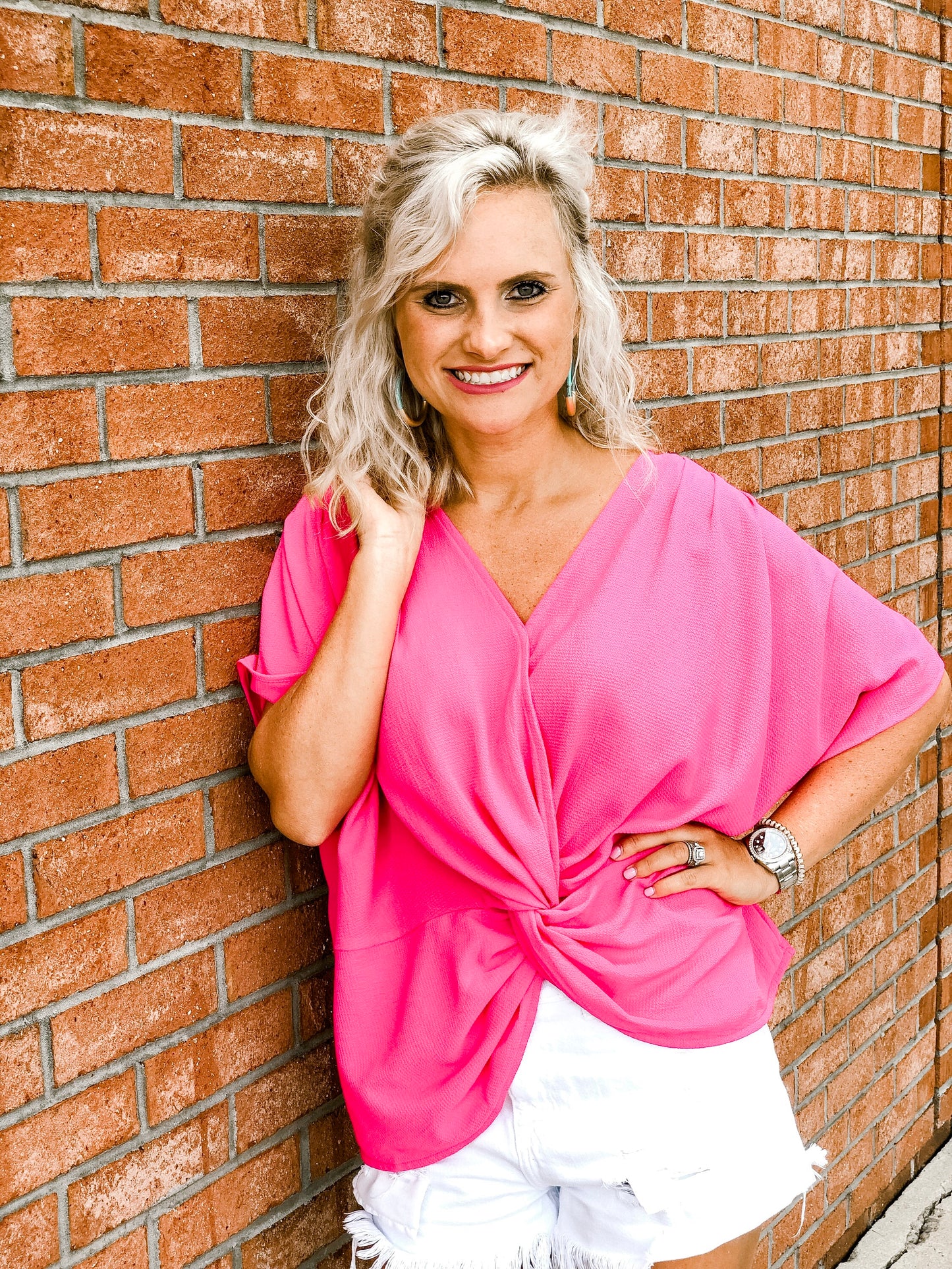 Short Dolman Sleeve V-Neck Top with Front Knot Detail