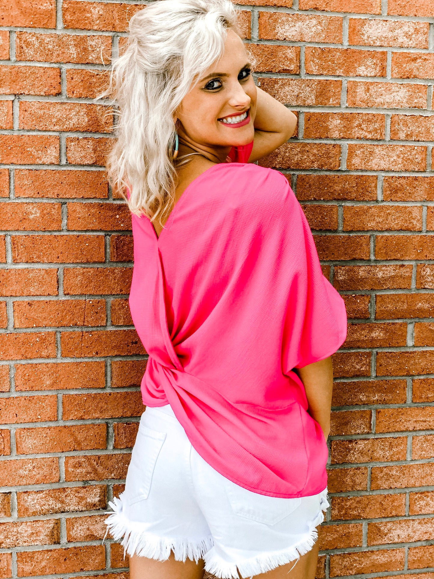 Short Dolman Sleeve V-Neck Top with Front Knot Detail