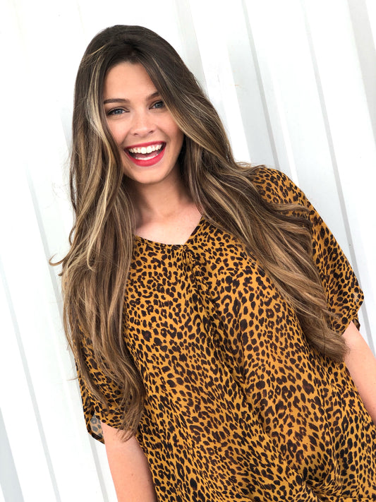 Short Sleeve Leopard Print Dolman Top